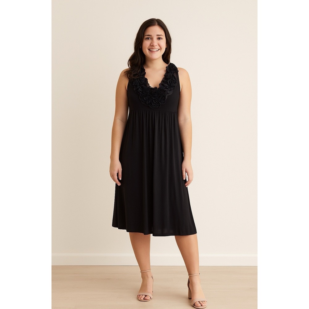 Floral Embroidered‎ Sleeveless Midi Dress Womens M Black Casual Party Summer